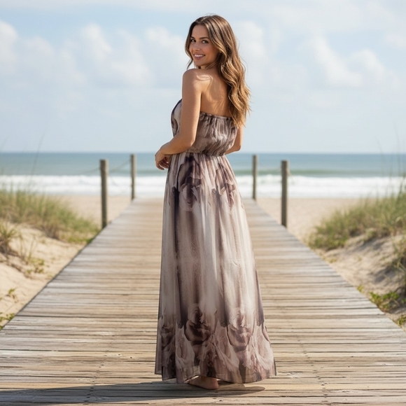 Anthropologie Dresses & Skirts - Anthropologie fab'rik Cream And Plum Floral Strapless Chiffon Maxi Dress